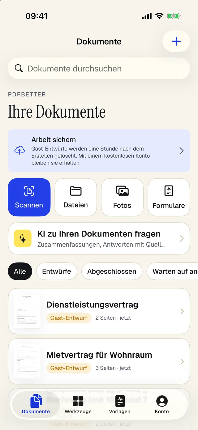 Die Dokumentenbibliothek der PDFBetter-App für iPhone