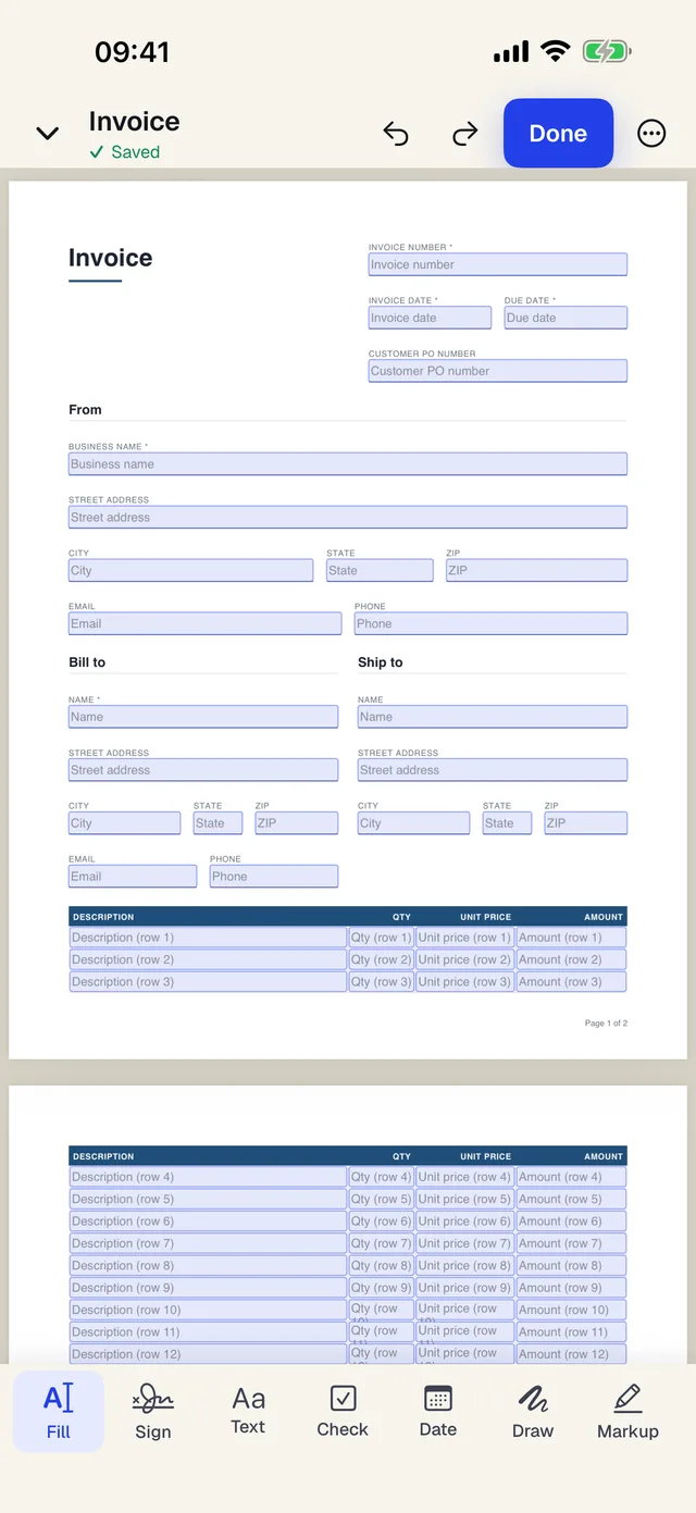 The PDFBetter iPhone app filling in an invoice