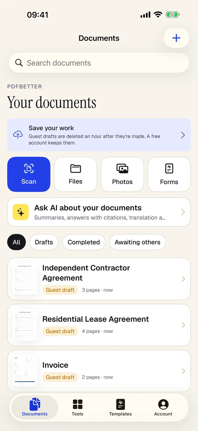 The PDFBetter iPhone app's document library