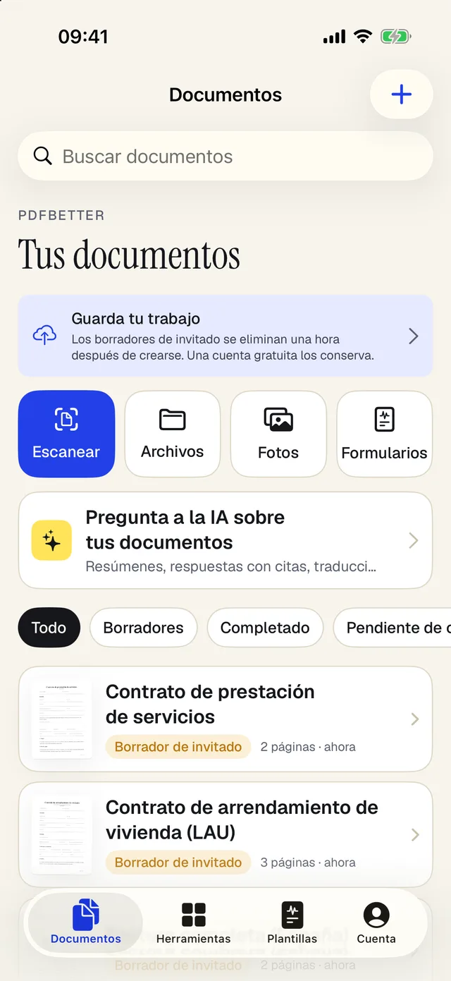 La biblioteca de documentos de la app de PDFBetter para iPhone
