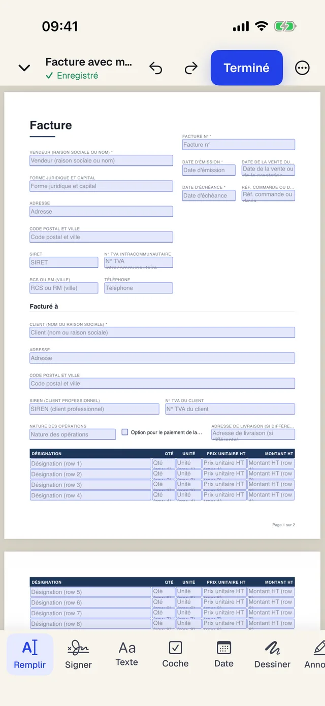 L'application PDFBetter pour iPhone en train de remplir une facture