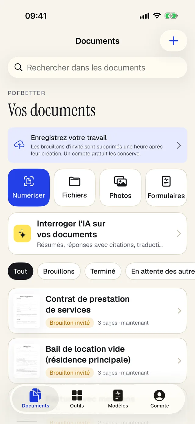 La bibliothèque de documents de l'application PDFBetter pour iPhone