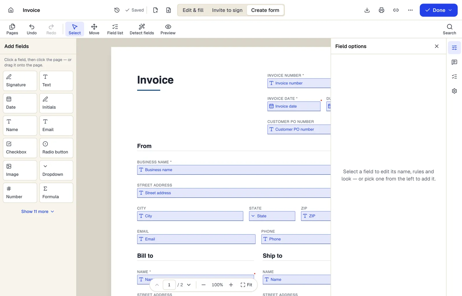 Create form mode: a palette of field types on the left (signature, text, date, initials, checkbox, radio, dropdown, number, formula) and the invoice's fields outlined in blue on the page