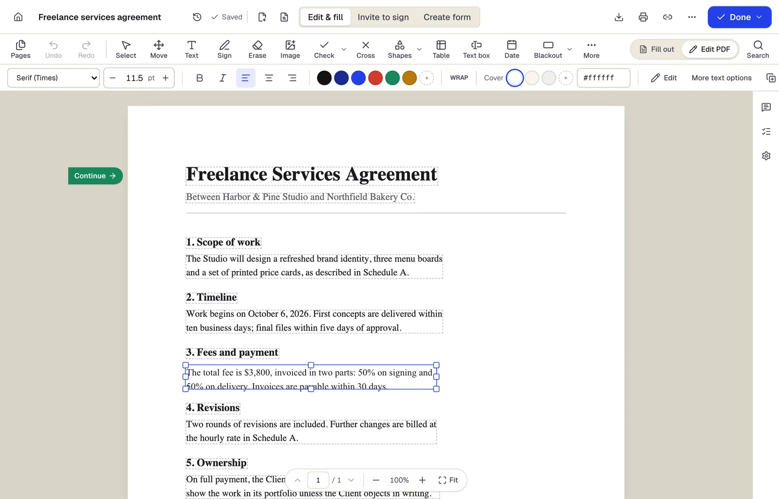 Edit PDF mode on a services agreement: every paragraph of the original PDF has a dashed outline, and the payment paragraph is selected with font, size and color controls above it
