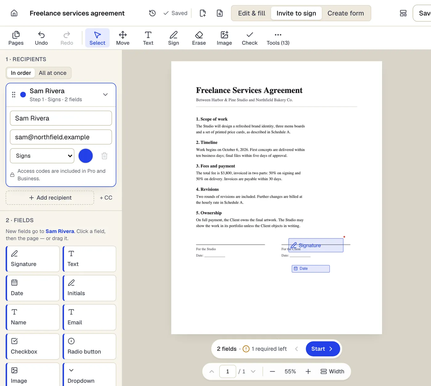 Invite to sign mode: the recipient Sam Rivera is set to sign in order, and a signature field and a date field are placed on the client's signature line