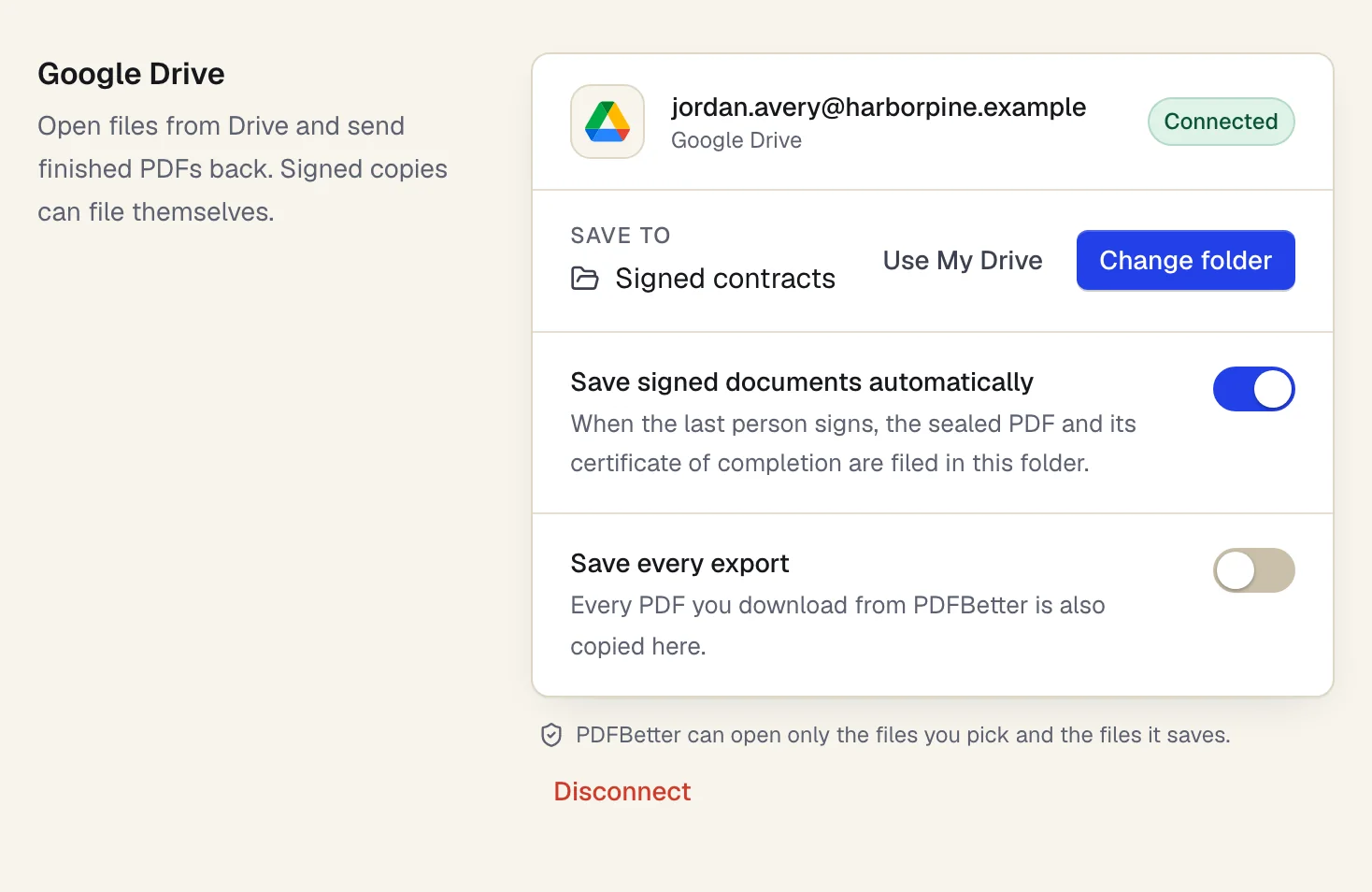 Paramètres, Intégrations : Google Drive connecté à un compte professionnel, avec enregistrement dans le dossier Contrats signés et sauvegarde automatique des documents signés activée