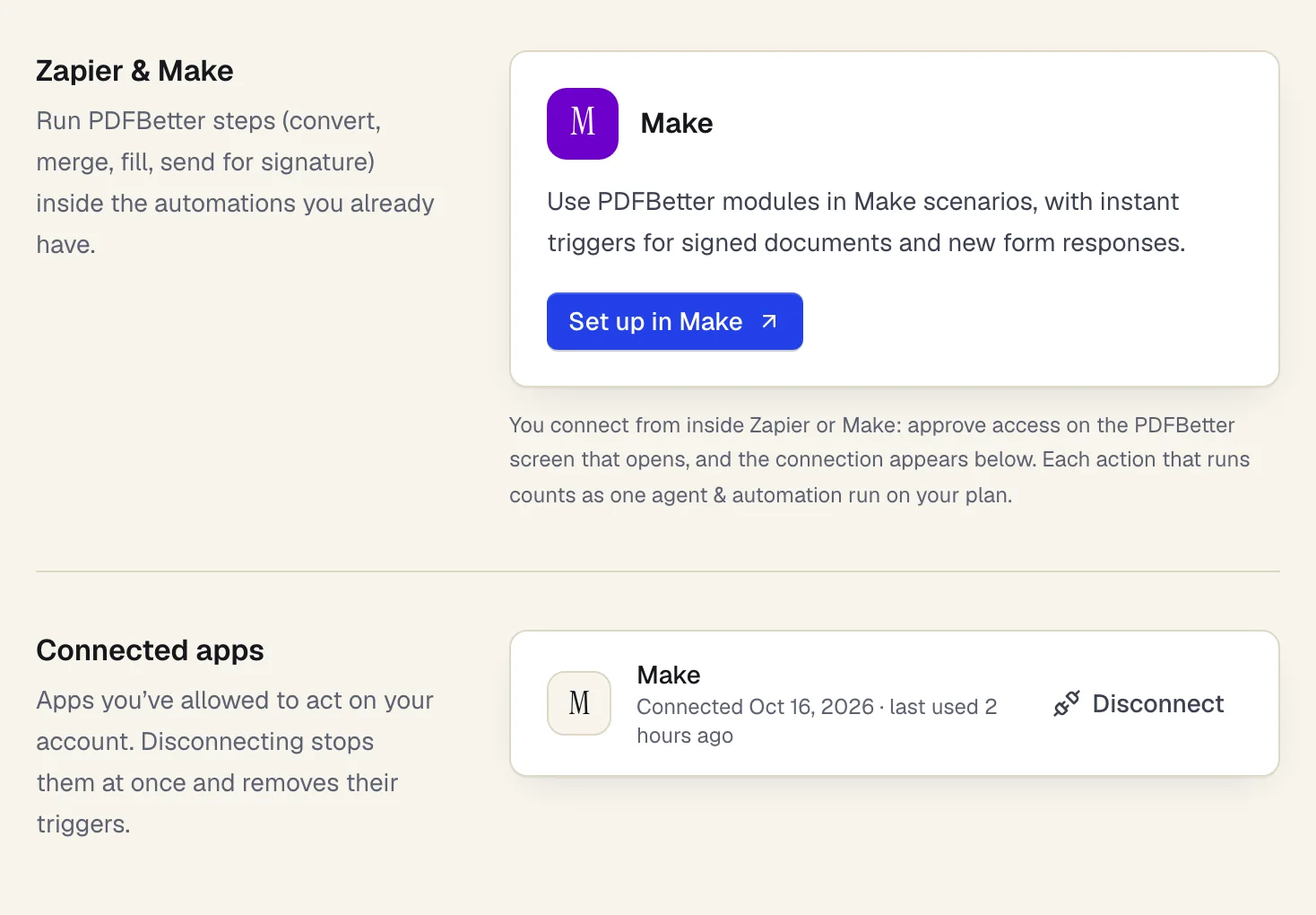 Settings, Integrations: the Make card with a Set up in Make button, and Make listed under Connected apps with when it was connected and last used