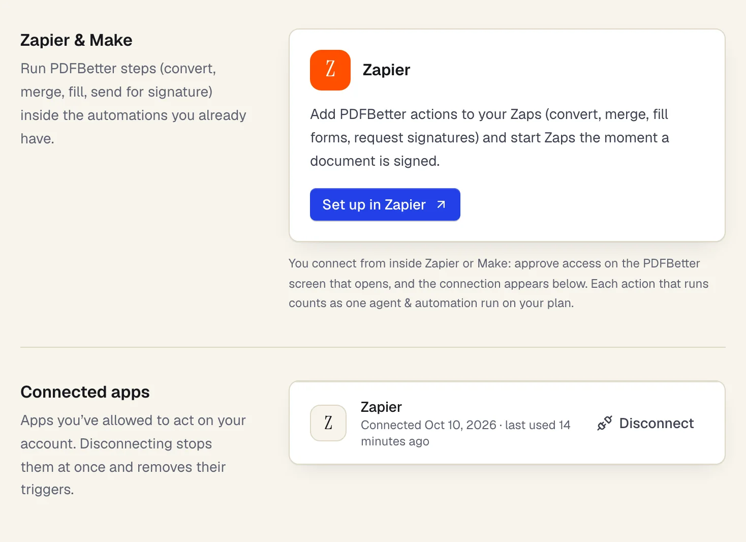 Settings, Integrations: the Zapier card with a Set up in Zapier button, and Zapier listed under Connected apps with when it was connected and last used