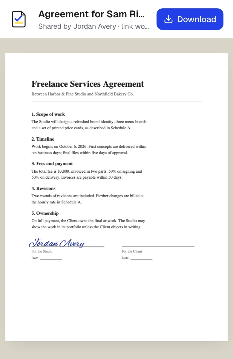 A shared PDF opened from a link on a phone, with the document title, who shared it and a Download button