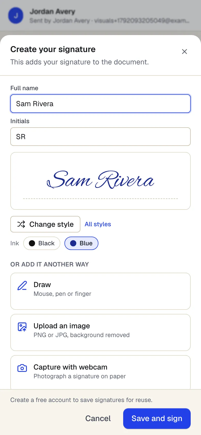 Un signataire crée sa signature sur un téléphone : le nom Sam Rivera en écriture manuscrite, avec les options Dessiner, Importer et Photographier
