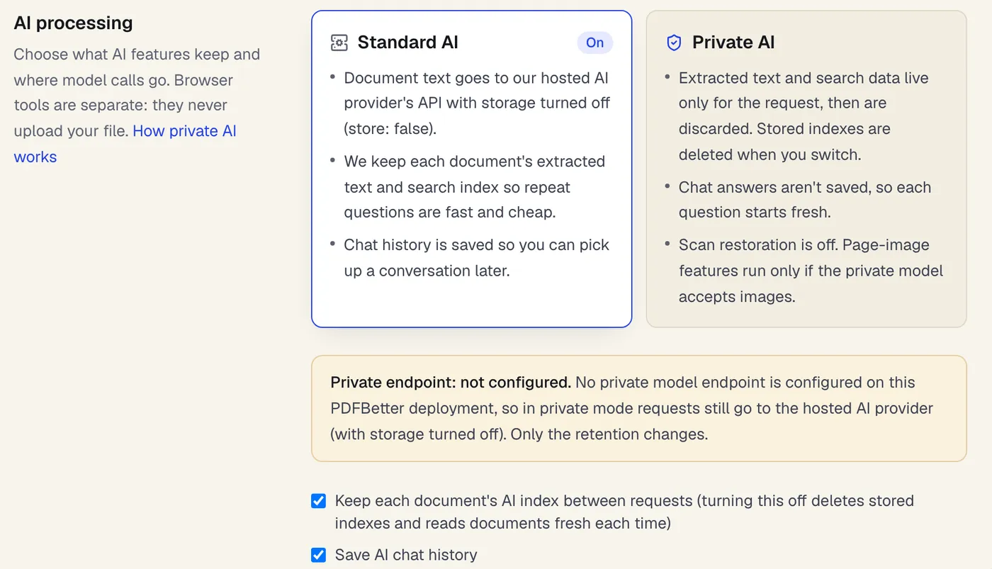The AI processing setting with two choices — Standard AI, which keeps each document's extracted text and search index, and Private AI, which discards them after each request — and a note saying whether a private model endpoint is configured