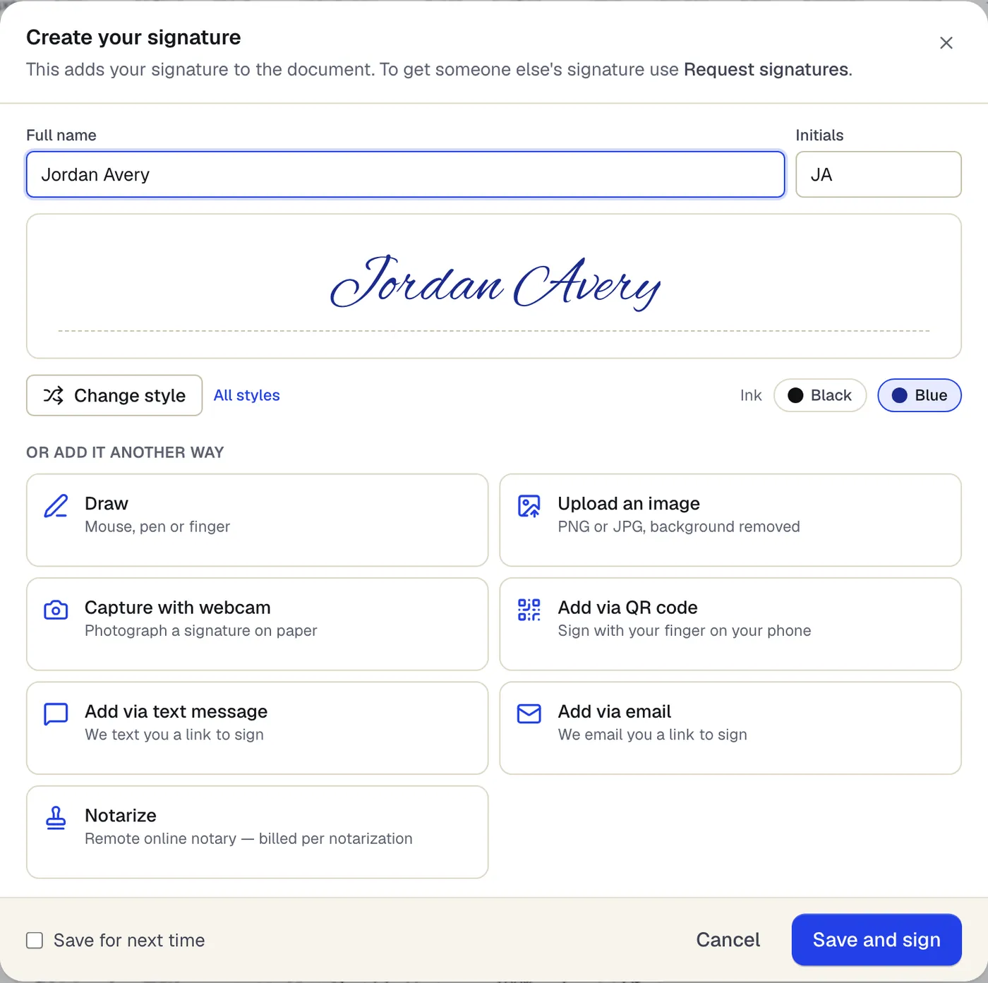 The Create your signature dialog: the name Jordan Avery rendered as a script signature in blue ink, with options to draw, upload an image, use a webcam, a QR code, a text message or email
