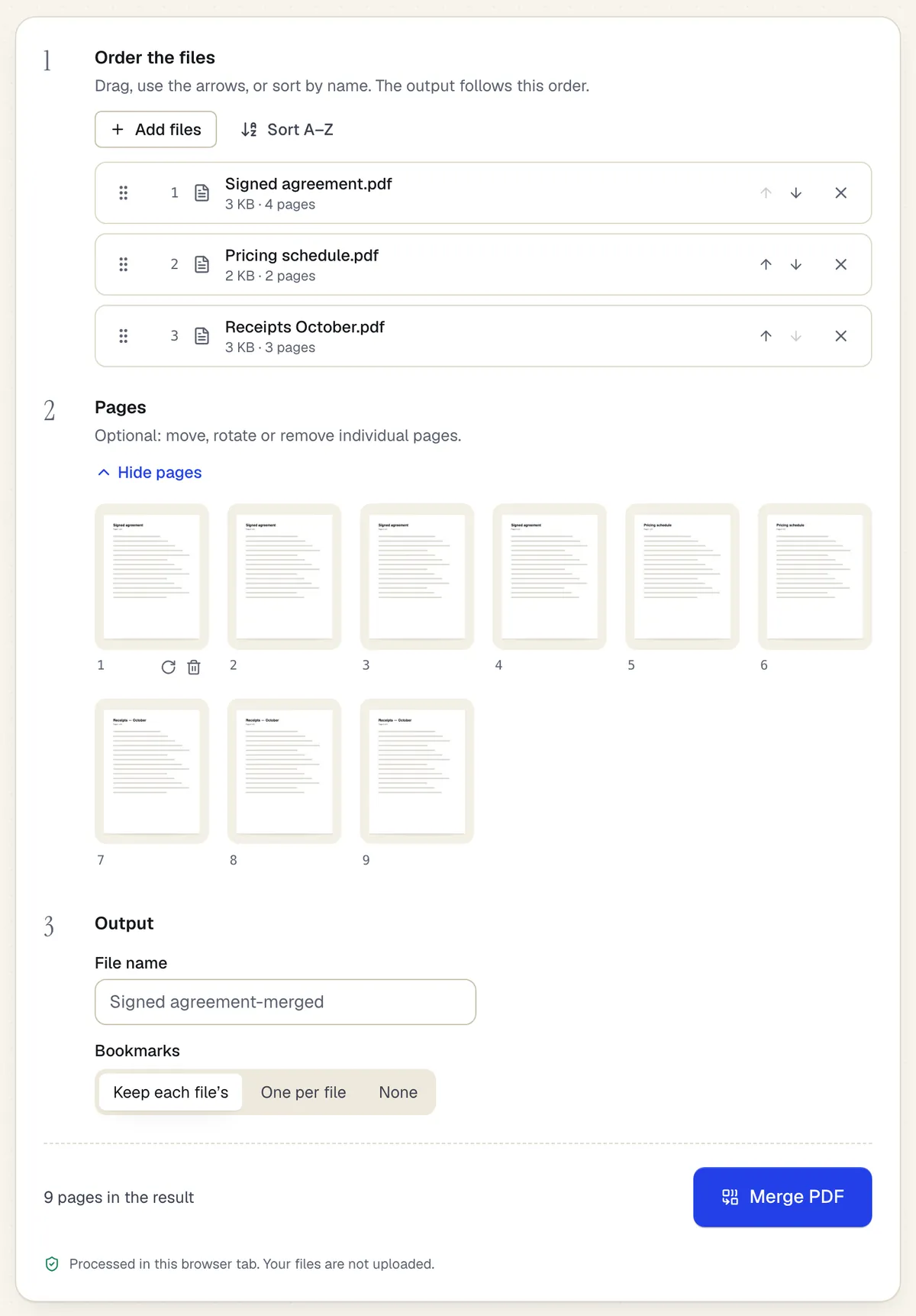 The Merge PDF workspace with three files in order — a signed agreement, a pricing schedule and October receipts — their nine page thumbnails, and a Merge PDF button