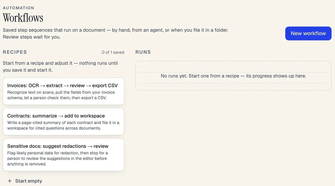 Die Seite Workflows mit drei Rezepten – Rechnungen: OCR, extrahieren, prüfen, CSV exportieren; Verträge: zusammenfassen, zum Arbeitsbereich hinzufügen; Vertrauliche Dokumente: Schwärzungen vorschlagen, prüfen – und einer leeren Liste von Ausführungen