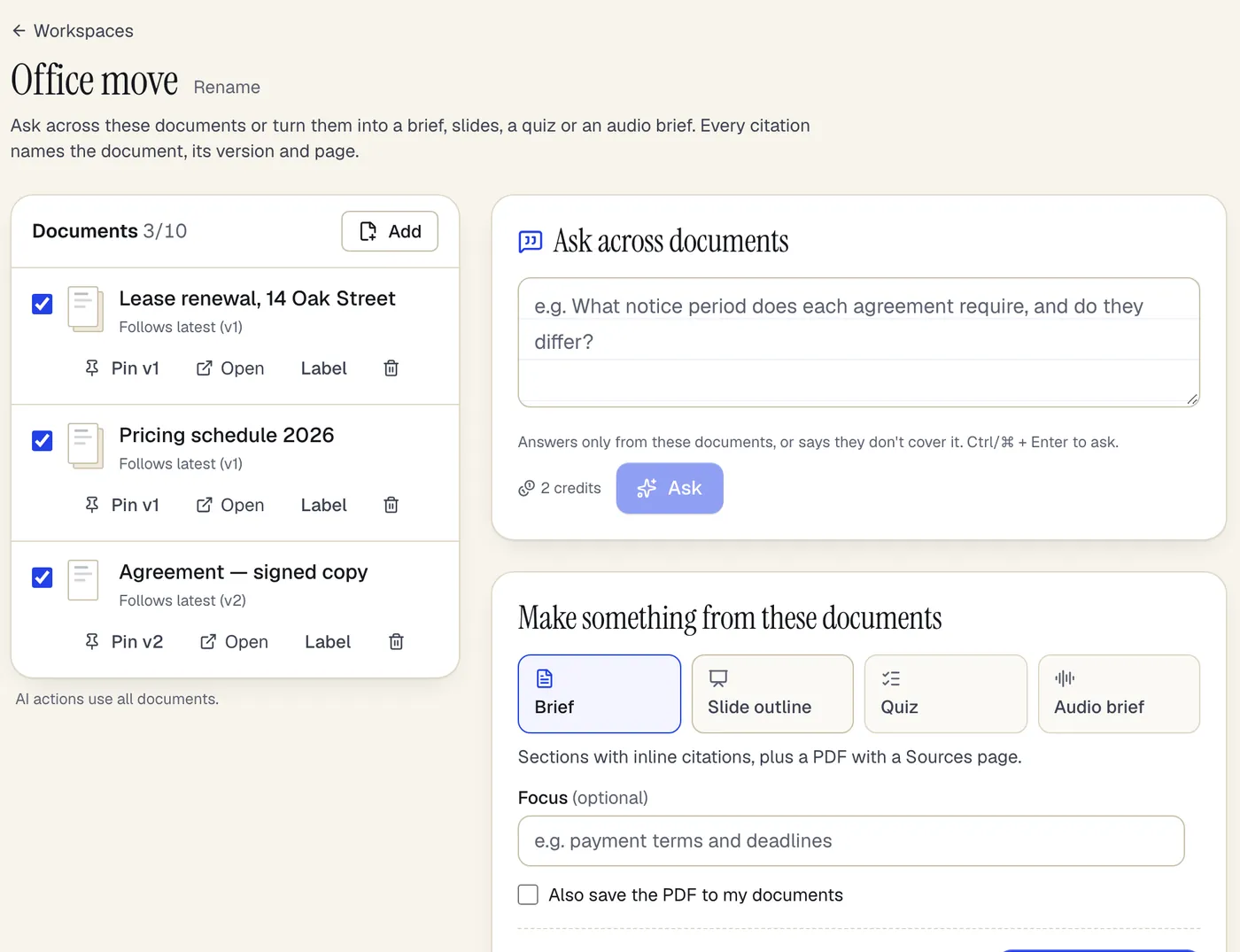 A document workspace named Office move with three documents — a lease renewal, a pricing schedule and a signed agreement — each following its latest version, an Ask across documents box that costs 2 credits, and options to make a brief, slide outline, quiz or audio brief